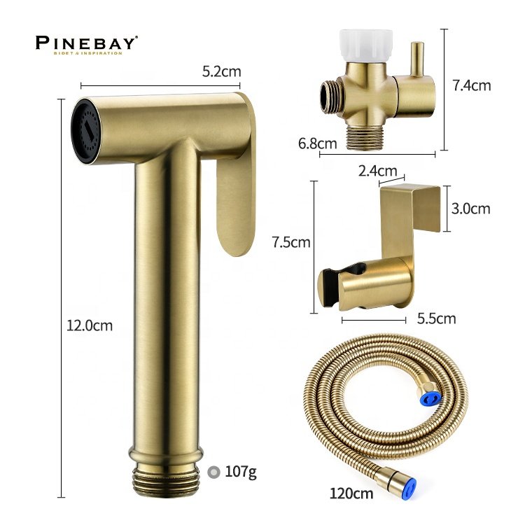 PINEBAY Good Quality Bathroom Luxury Brushed Gold Health Faucet Wall Mount Toilet Bidet Sprayer Set with Shower Hose and T valve