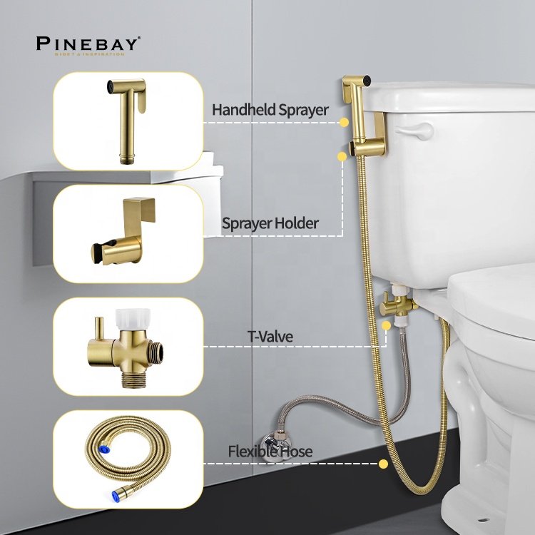 PINEBAY Good Quality Bathroom Luxury Brushed Gold Health Faucet Wall Mount Toilet Bidet Sprayer Set with Shower Hose and T valve
