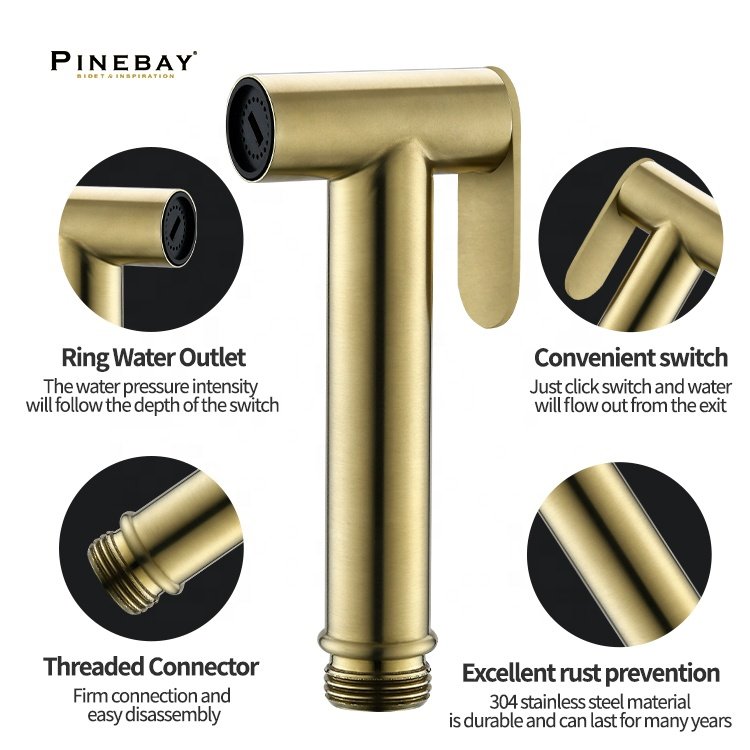 PINEBAY Good Quality Bathroom Luxury Brushed Gold Health Faucet Wall Mount Toilet Bidet Sprayer Set with Shower Hose and T valve