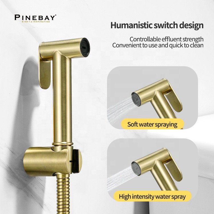 PINEBAY Good Quality Bathroom Luxury Brushed Gold Health Faucet Wall Mount Toilet Bidet Sprayer Set with Shower Hose and T valve