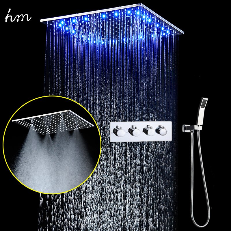 Bathroom LED Shower Faucets Top Spray 20 Inch Square Shower Set SPA Mist Rain shower head set With Thermostatic mixer valve Set