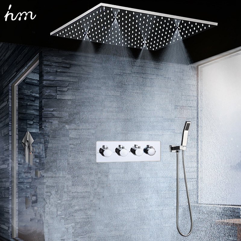 Bathroom LED Shower Faucets Top Spray 20 Inch Square Shower Set SPA Mist Rain shower head set With Thermostatic mixer valve Set