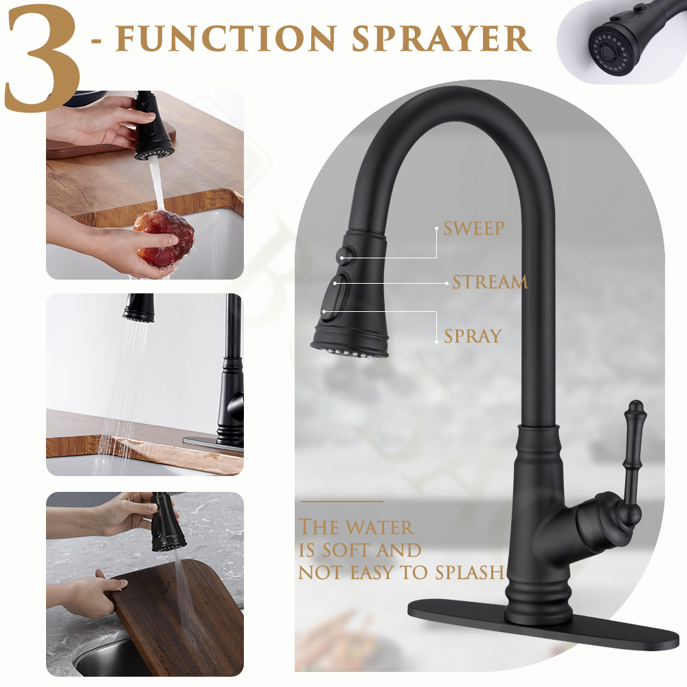 Classic Sleek Single Handle Pull Sensor Kitchen Faucet Matte Black Brass Ceramic Valve Single Hole Kitchen Mixer Faucet
