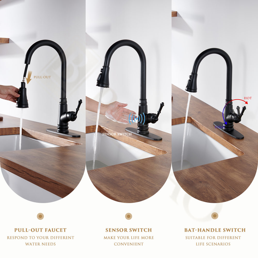 Classic Sleek Single Handle Pull Sensor Kitchen Faucet Matte Black Brass Ceramic Valve Single Hole Kitchen Mixer Faucet