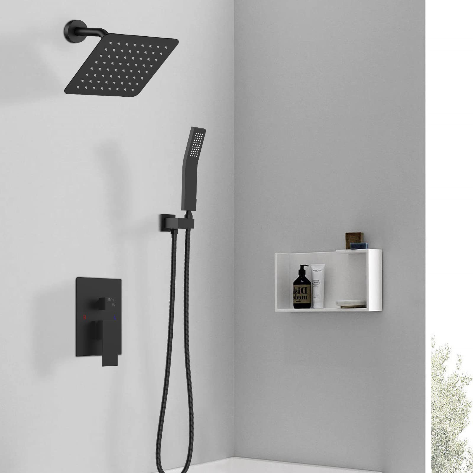 Matte Black 8 Inch Wall Mounted Rain Shower Head with Handheld Spray Shower Bath Valve and Trim