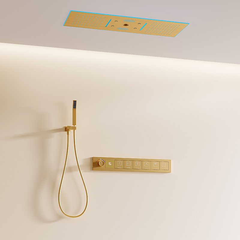 Luxurious 5 Function Brushed Gold Shower Faucet LED Thermostatic Shower Set