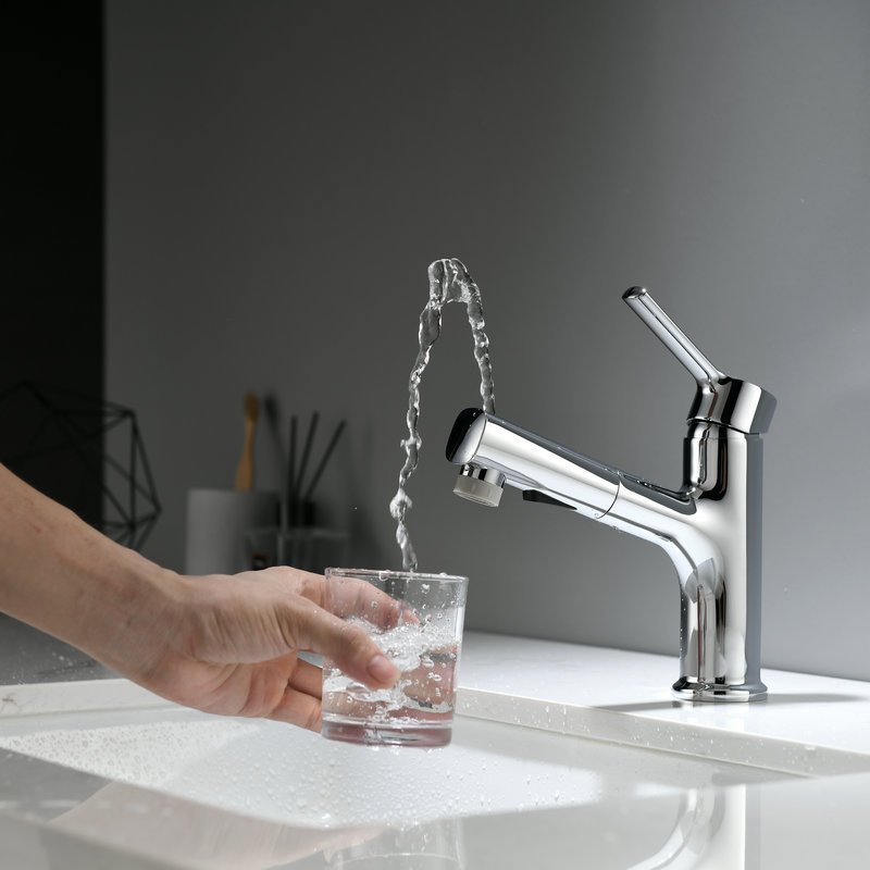 Aquaphase Dual Spray Mode Brass Bathroom Faucet Single-Hole Design with Pull-Out Sprayer and Stainless Steel Valve Core