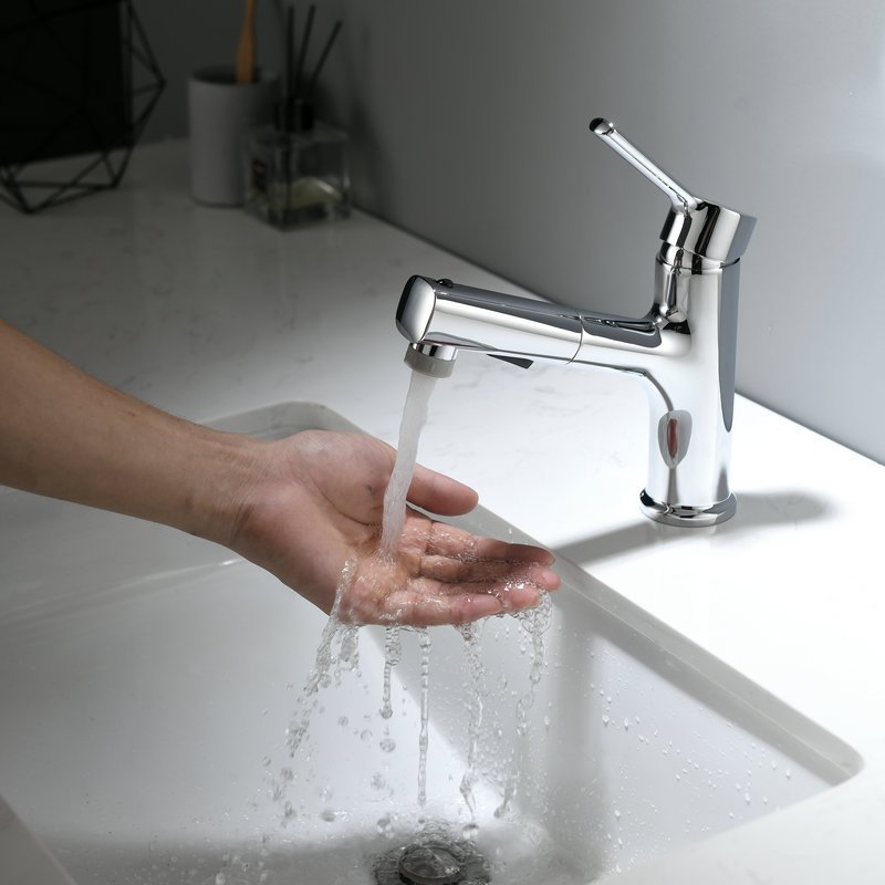 Aquaphase Dual Spray Mode Brass Bathroom Faucet Single-Hole Design with Pull-Out Sprayer and Stainless Steel Valve Core