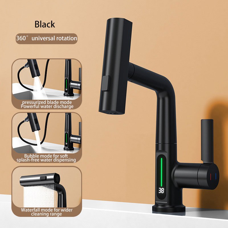 304 Stainless Steel Led Digital Display Pull Out Hot And Cold Water Mixer Tap 360 Degree Rotation Basin Mixer Sink Faucet