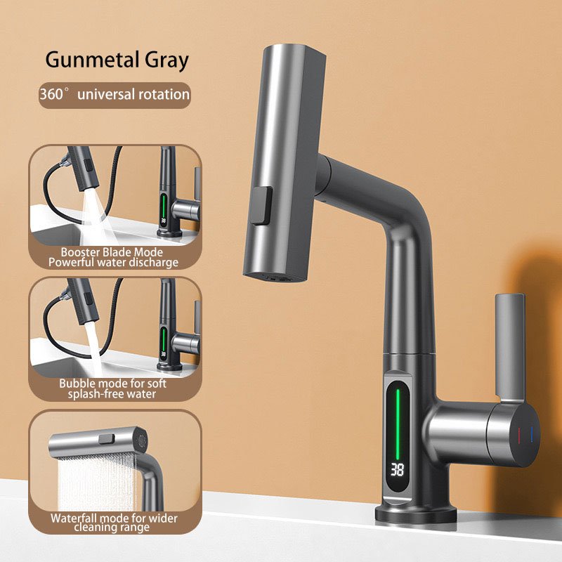 304 Stainless Steel Led Digital Display Pull Out Hot And Cold Water Mixer Tap 360 Degree Rotation Basin Mixer Sink Faucet