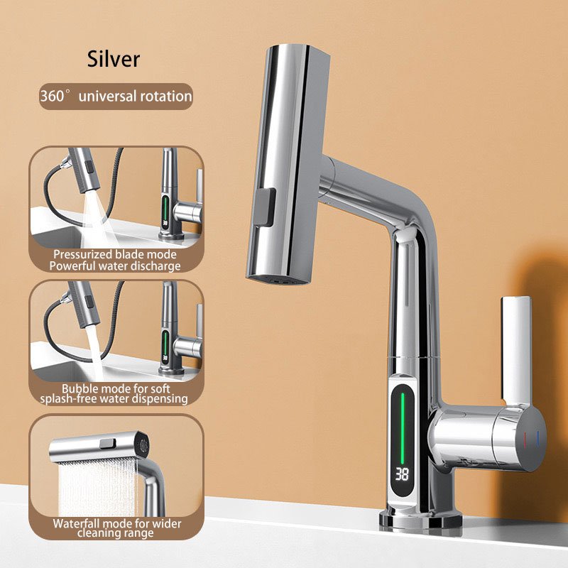 304 Stainless Steel Led Digital Display Pull Out Hot And Cold Water Mixer Tap 360 Degree Rotation Basin Mixer Sink Faucet