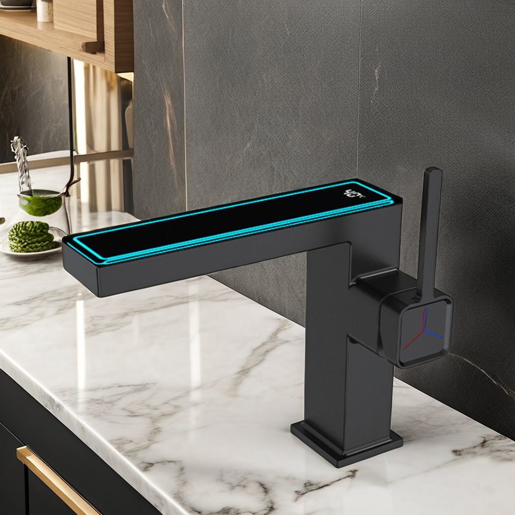 Modern Single-Handle LED Bathroom Faucet New Design Black Brass Washbasin Water Tap with Ceramic Valve Core Classic Style