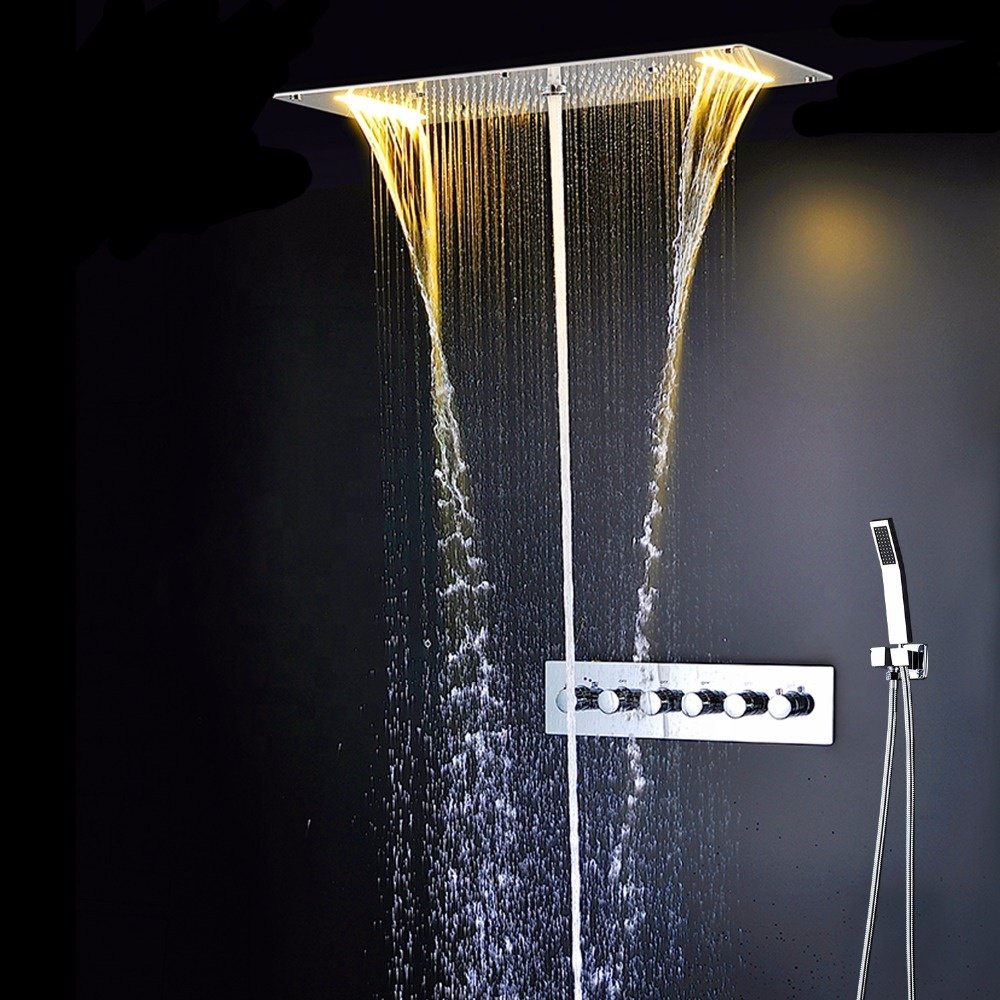 Modern Luxury Brass LED Ceiling-Mounted Thermostatic Overhead Rain Shower Faucet Polished Stainless Steel Jet Spray Chrome