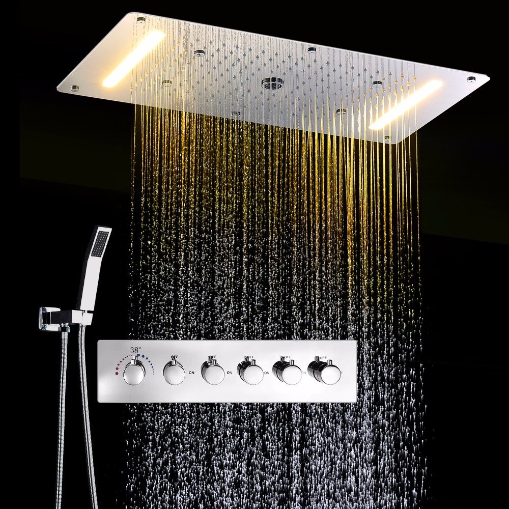 Modern Luxury Brass LED Ceiling-Mounted Thermostatic Overhead Rain Shower Faucet Polished Stainless Steel Jet Spray Chrome