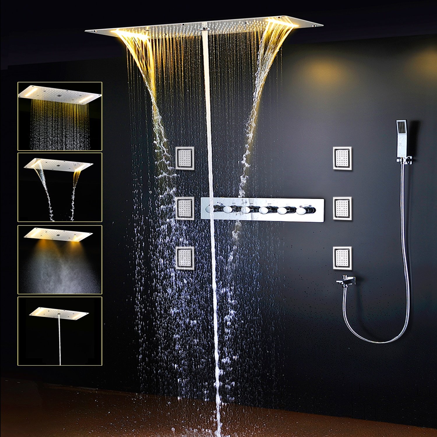 Modern Luxury Brass LED Ceiling-Mounted Thermostatic Overhead Rain Shower Faucet Polished Stainless Steel Jet Spray Chrome
