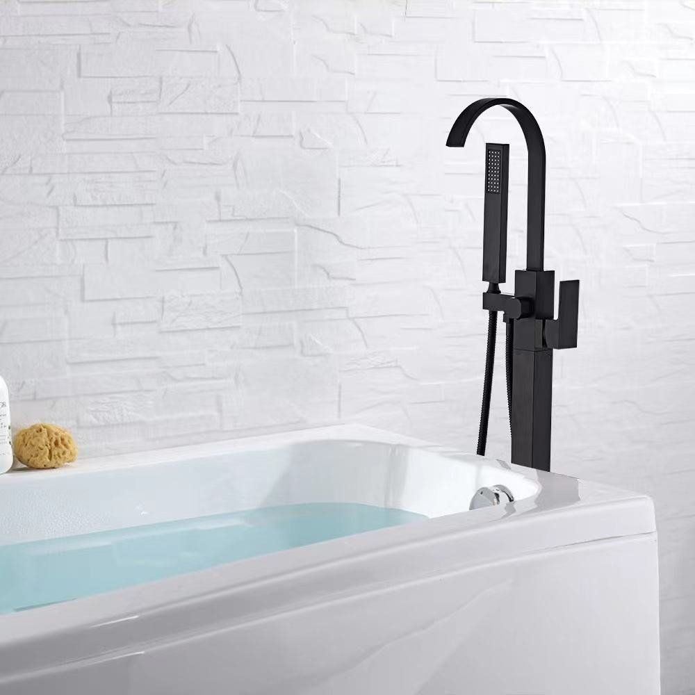 Modern design matt black floor standing hot and cold bathtub faucet