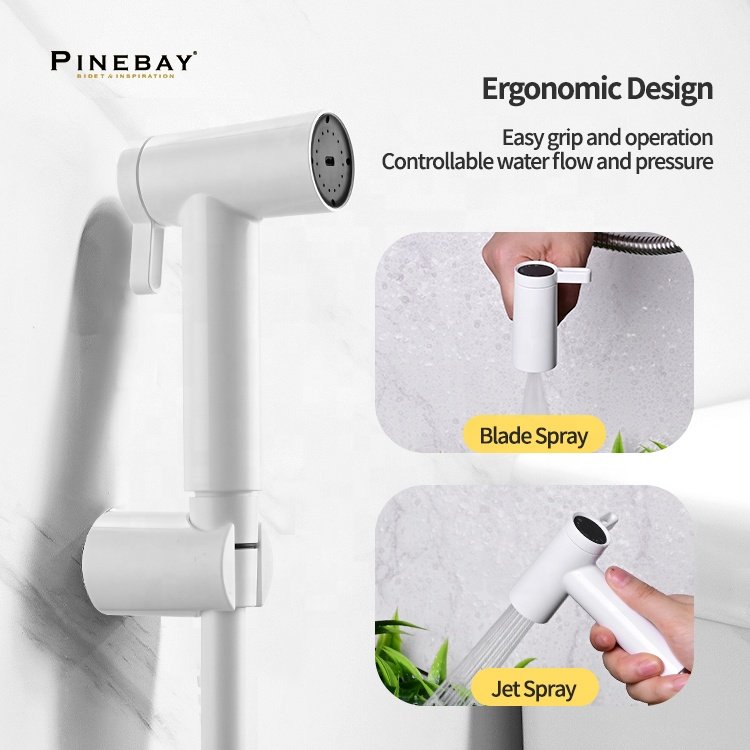 PINEBAY White Color ABS Shattaf Set High Pressure Toilet Kit with PVC Hose and Holder Bidet Sprayer for bathroom