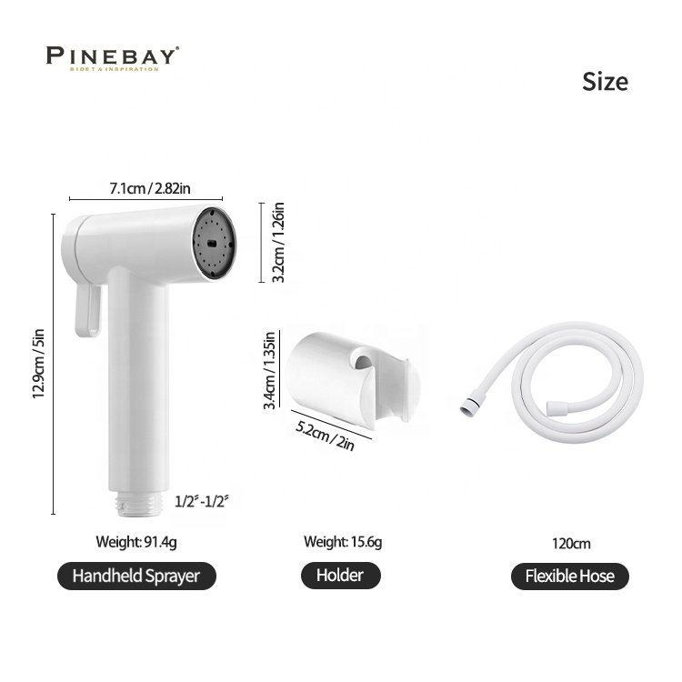 PINEBAY White Color ABS Shattaf Set High Pressure Toilet Kit with PVC Hose and Holder Bidet Sprayer for bathroom