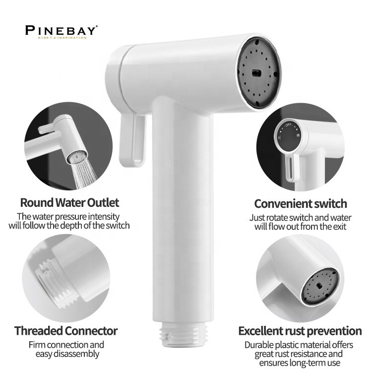 PINEBAY White Color ABS Shattaf Set High Pressure Toilet Kit with PVC Hose and Holder Bidet Sprayer for bathroom