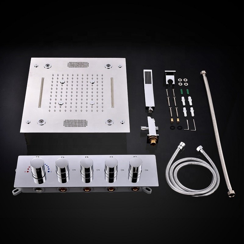 LED Ceiling 16 inch Music Thermostatic Mixer Shower Faucet Set Rain Waterfall Massage SUS304 Shower Panel
