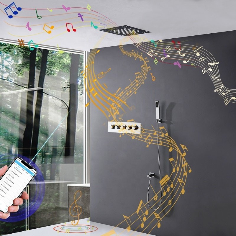 LED Ceiling 16 inch Music Thermostatic Mixer Shower Faucet Set Rain Waterfall Massage SUS304 Shower Panel