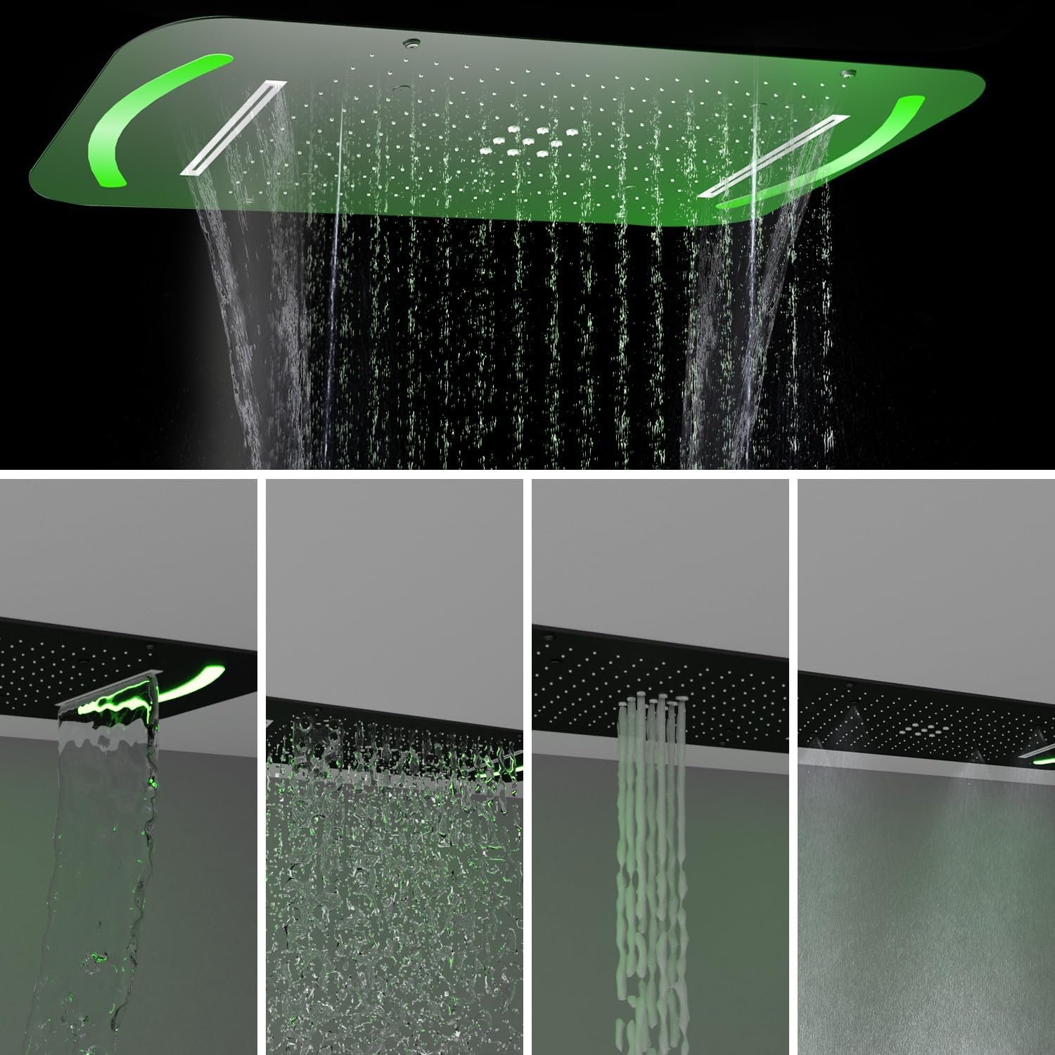4 Functions LED Shower Head System Black 27.95 inch Rainfall Shower Faucet Set Complete Thermostatic Shower Valve Kit