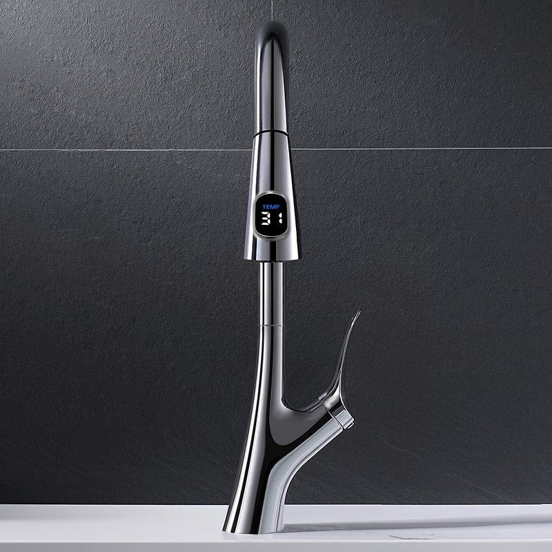 smart digital display Kitchen Sink Faucet Brass Body Ceramic Valve Single Handle Pull Out Spray Kitchen Faucet