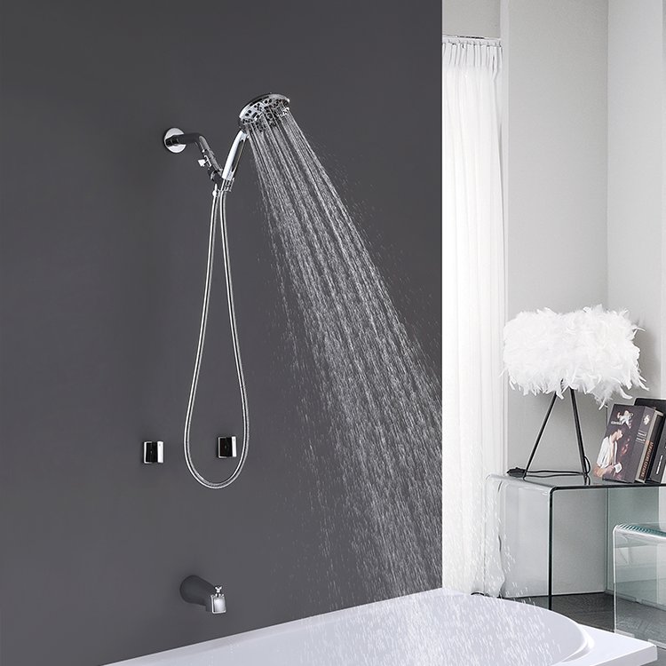 Contemporary Dual-Handle Chrome Bathroom Faucet Polished Brass Shower Faucet Set Rain-Spray Tub Spout Ceramic Valve