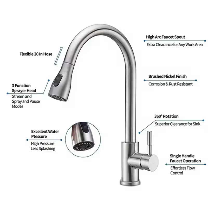 Commercial Kitchen Faucet High Arc Single Handle Pull-Down Nozzle Brushed Nickel Finish Modern RV Stainless Steel Ceramic Valve