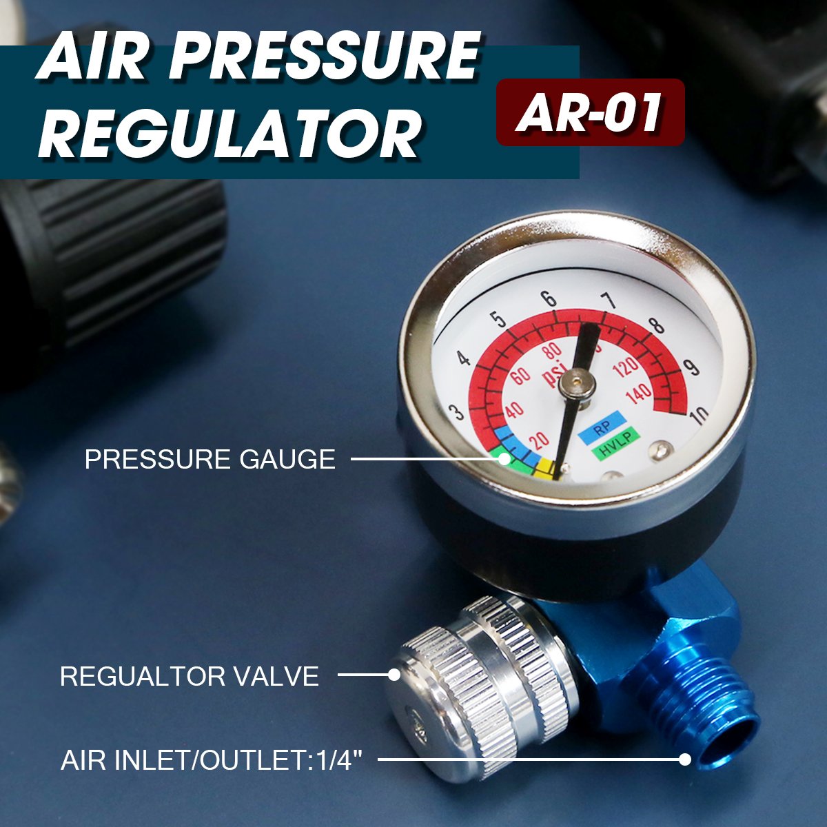 1/4" Air Flow Control Valve Analog Gauge With Metal Case For Air Tools Spray gun Accessory Airflow Regulator