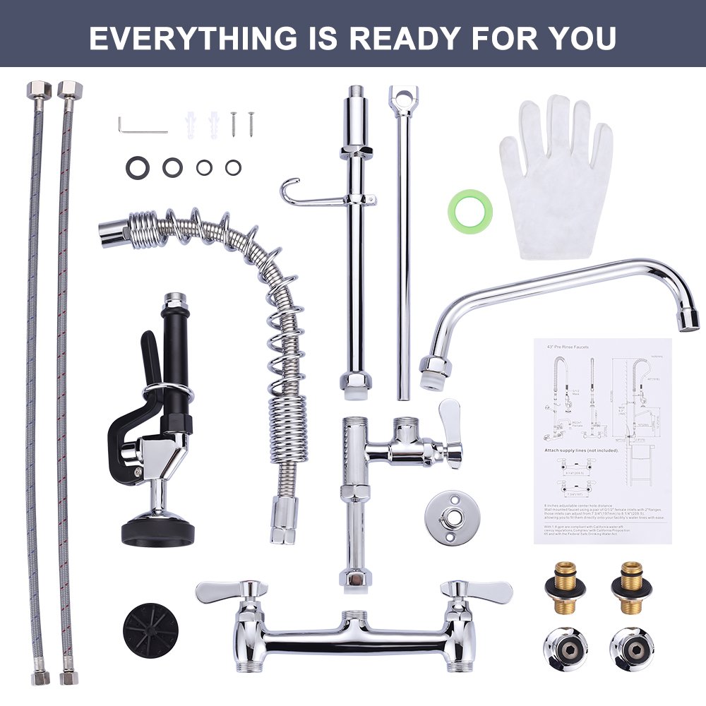 Deck Mount 3 Ways Kitchen Sink Faucet Tap with Swing Spout and High Flow Pre Rinse Spray Valve