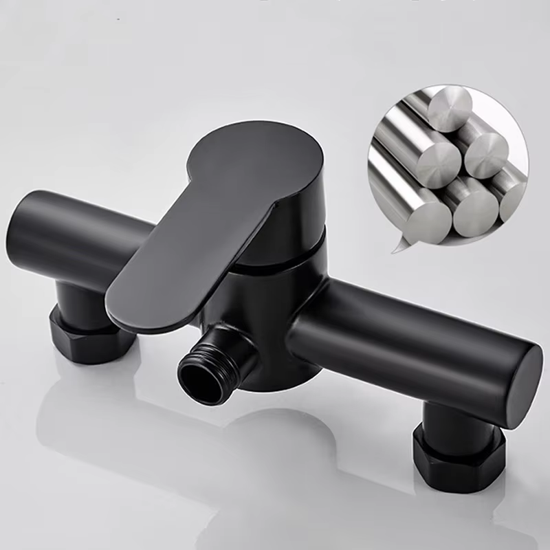 Contemporary Stainless Steel Bathroom Faucet Hot Cold Water Ceramic Valve Single Handle Soft Spray Pattern Black Wall Faucet