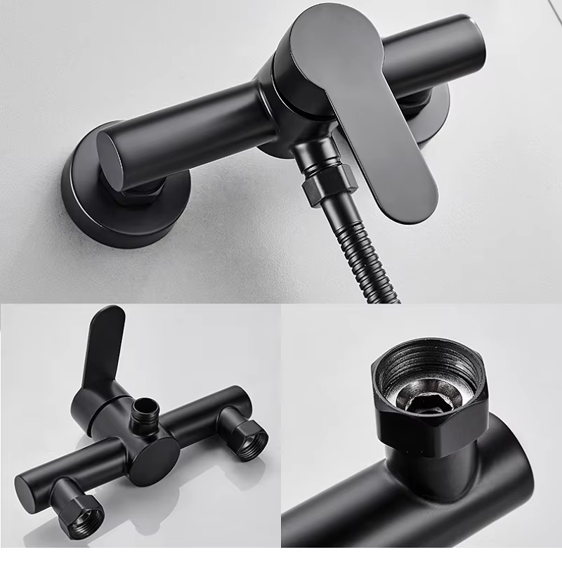 Contemporary Stainless Steel Bathroom Faucet Hot Cold Water Ceramic Valve Single Handle Soft Spray Pattern Black Wall Faucet