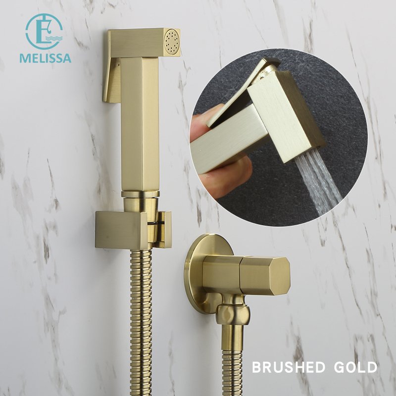 Melissa Brass Bathroom Brushed gold toilet bidet sprayer shattaf set square Handheld shower Angle Valve
