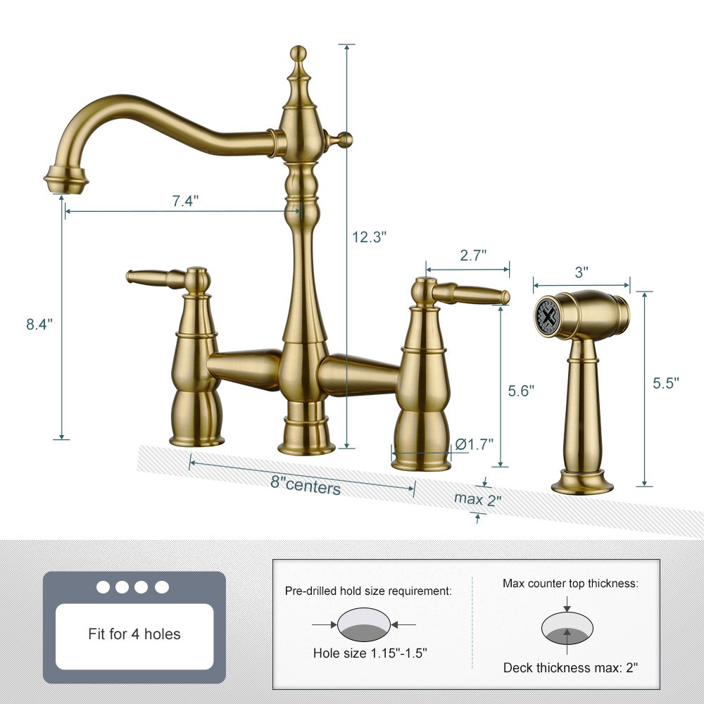 Victorian Design Bridge Kitchen Faucet 4 Holes Brushed Gold Kitchen Faucet with Side Sprayer,Brass Bridge Faucet for Sink