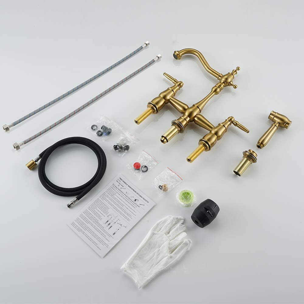 Victorian Design Bridge Kitchen Faucet 4 Holes Brushed Gold Kitchen Faucet with Side Sprayer,Brass Bridge Faucet for Sink
