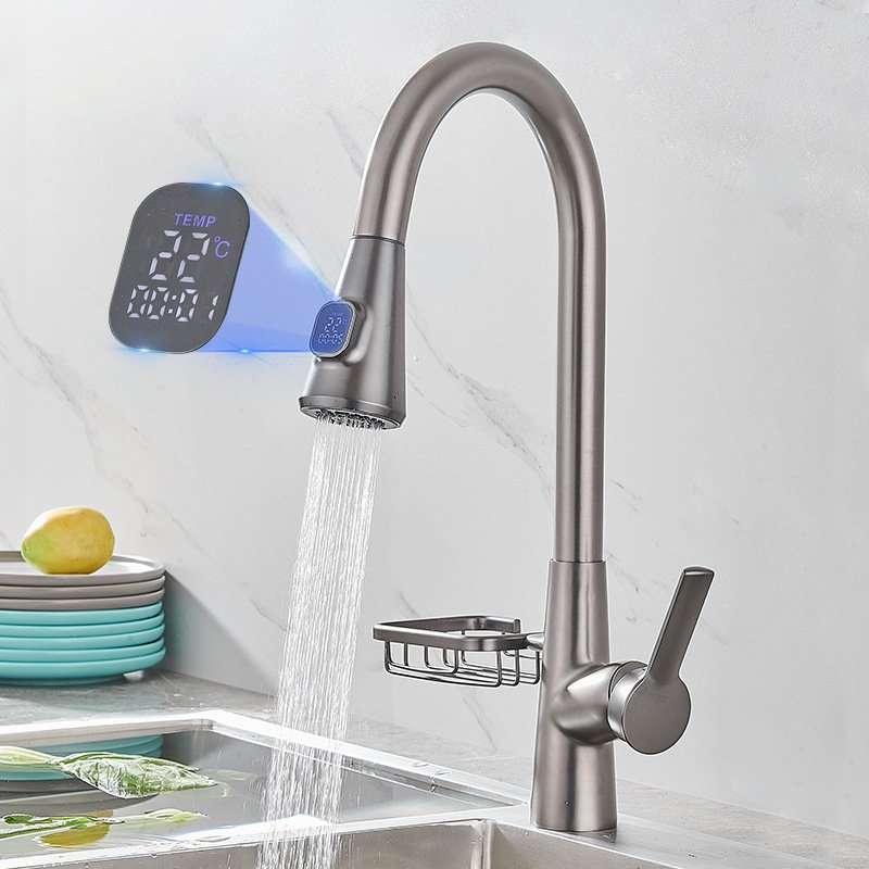 CHENMU Faucet Kitchen Rotating Telescopic Digital Display Washing Dishes Pull Out Hot and Cold Brass CLASSIC Modern Polished