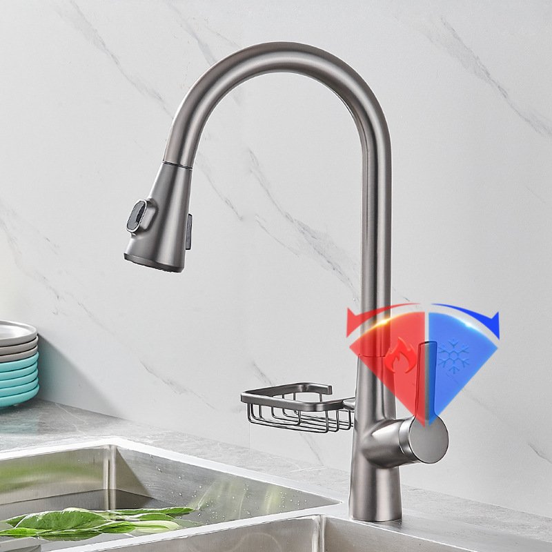CHENMU Faucet Kitchen Rotating Telescopic Digital Display Washing Dishes Pull Out Hot and Cold Brass CLASSIC Modern Polished