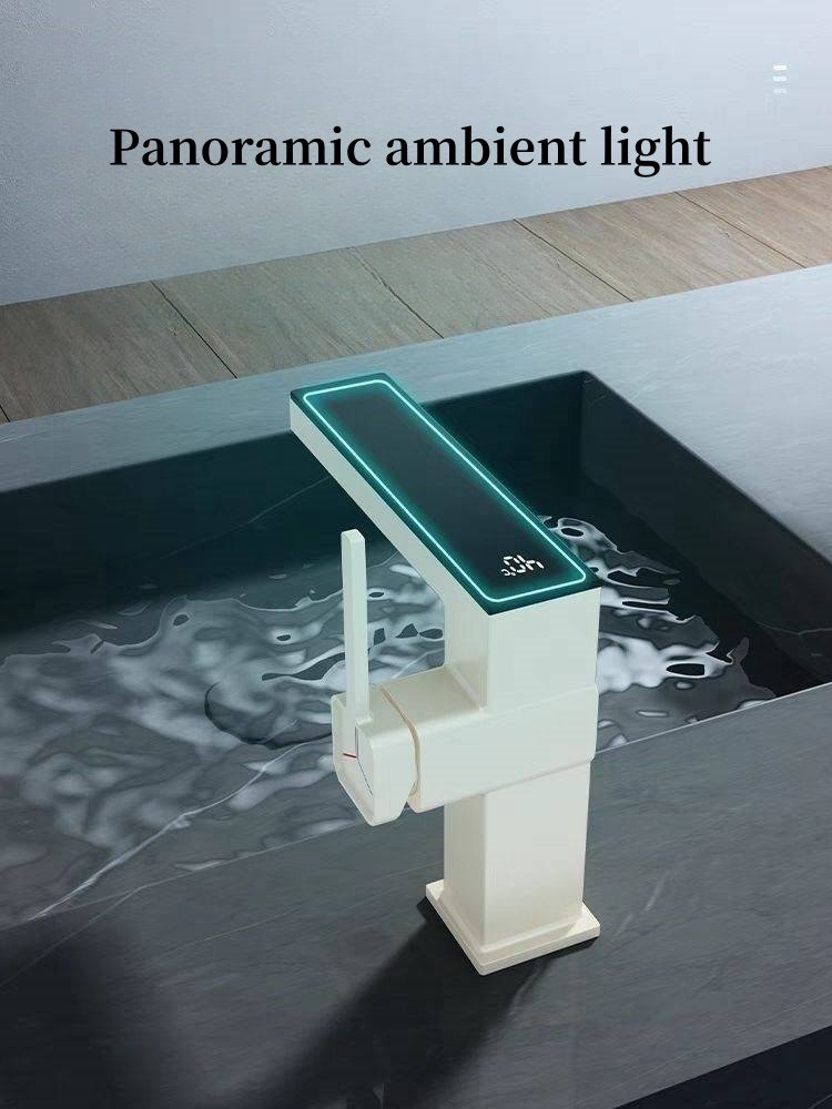 Modern Design Deck Mounted LED Digital Display Brass Water Tap White Hot & Cold Basin Faucet with Ceramic Valve for Bathroom