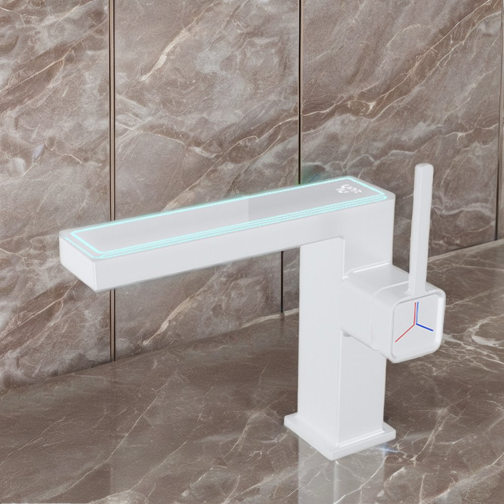 Modern Design Deck Mounted LED Digital Display Brass Water Tap White Hot & Cold Basin Faucet with Ceramic Valve for Bathroom