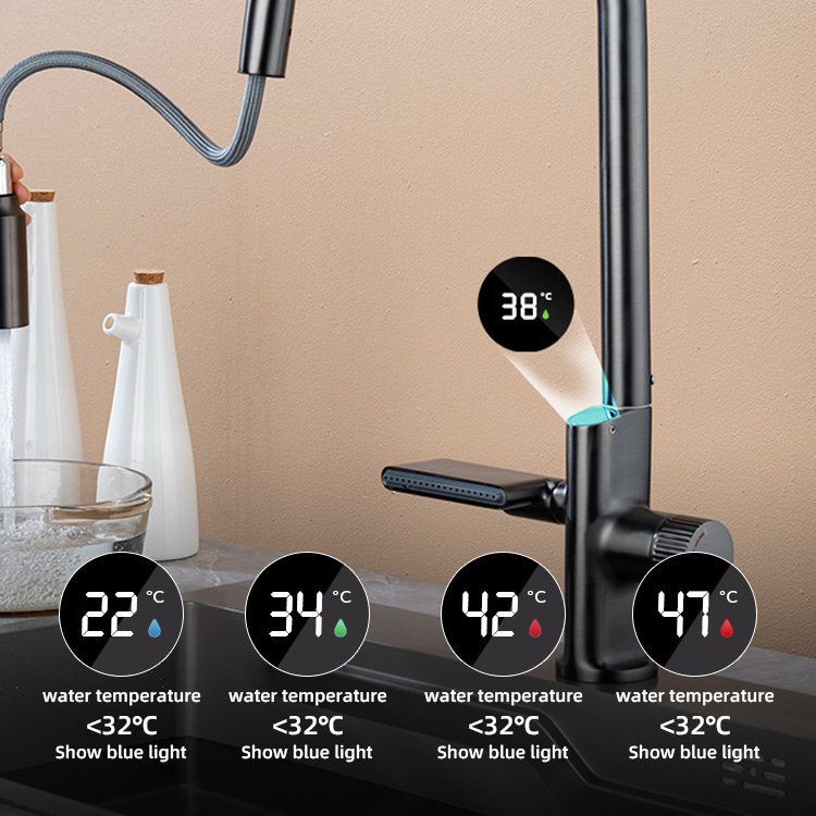 82 BFYJ-052 Kidolux Hand Sense Led Display Temperature Pull Down Faucet Hot And Cold Water Mixer Valve Brass Kitchen Faucet