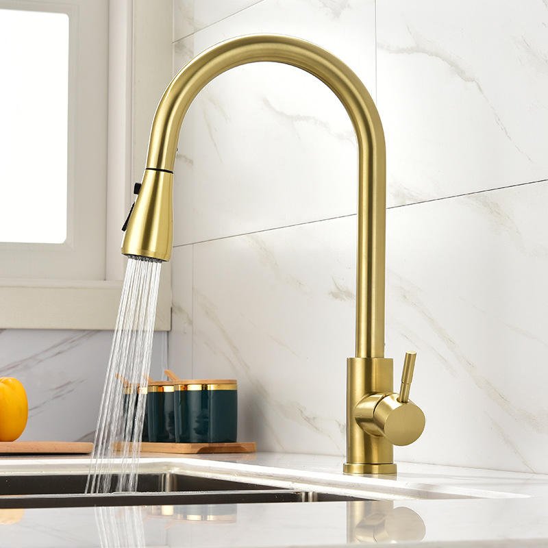 All-Copper Kitchen Faucet with Pull-Down Spray Hot Cold Single Handle Splash-Proof Extendable Rotary Sink Ceramic Valve Core