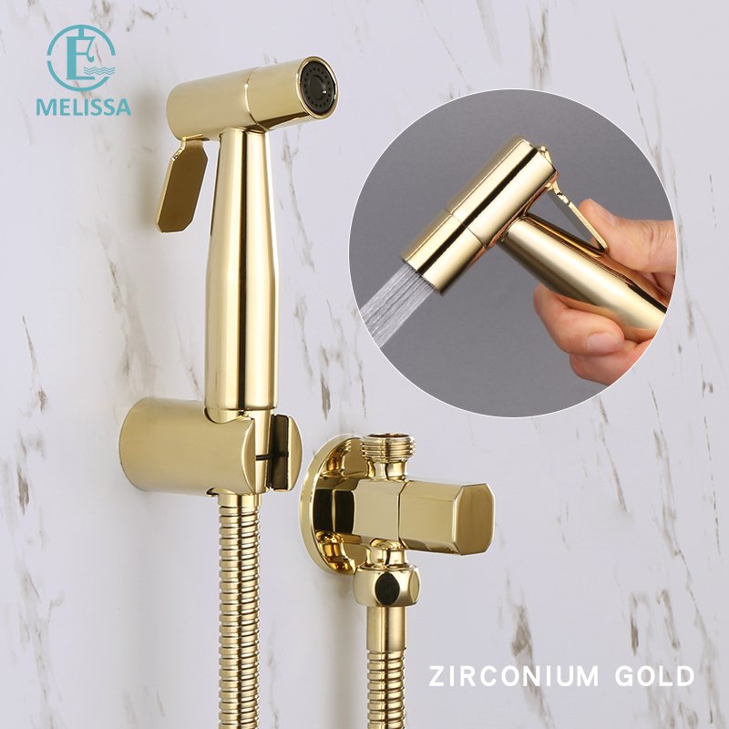 Melissa Brass Stainless steel Bathroom Zirconium Bright gold toilet bidet spray shattaf set Handheld shower Angle Valve