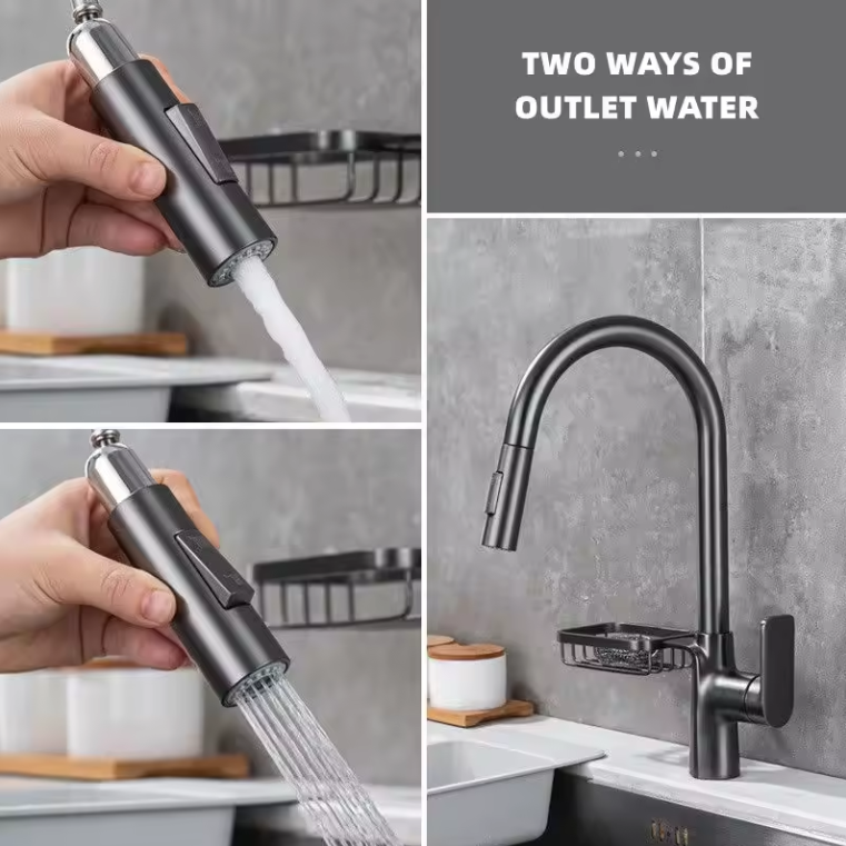 Modern Design Kitchen Faucet New Release Brass Pull-Out Mixer Tap with Ceramic Valve Core Pull down Spray and Sponge Holder