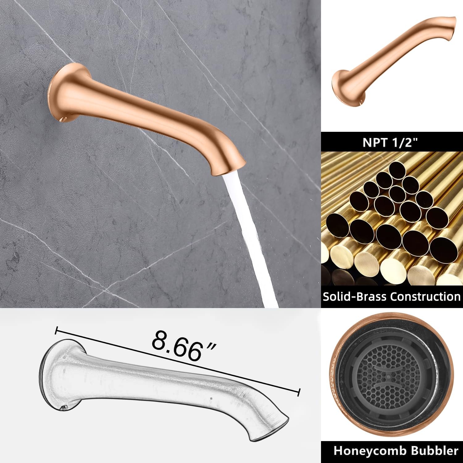 Rose Gold 3 Way Diverter Brass Wall Mounted 9 inch Rainfall Antique Rain Shower-Faucet System Set with Tub Spout