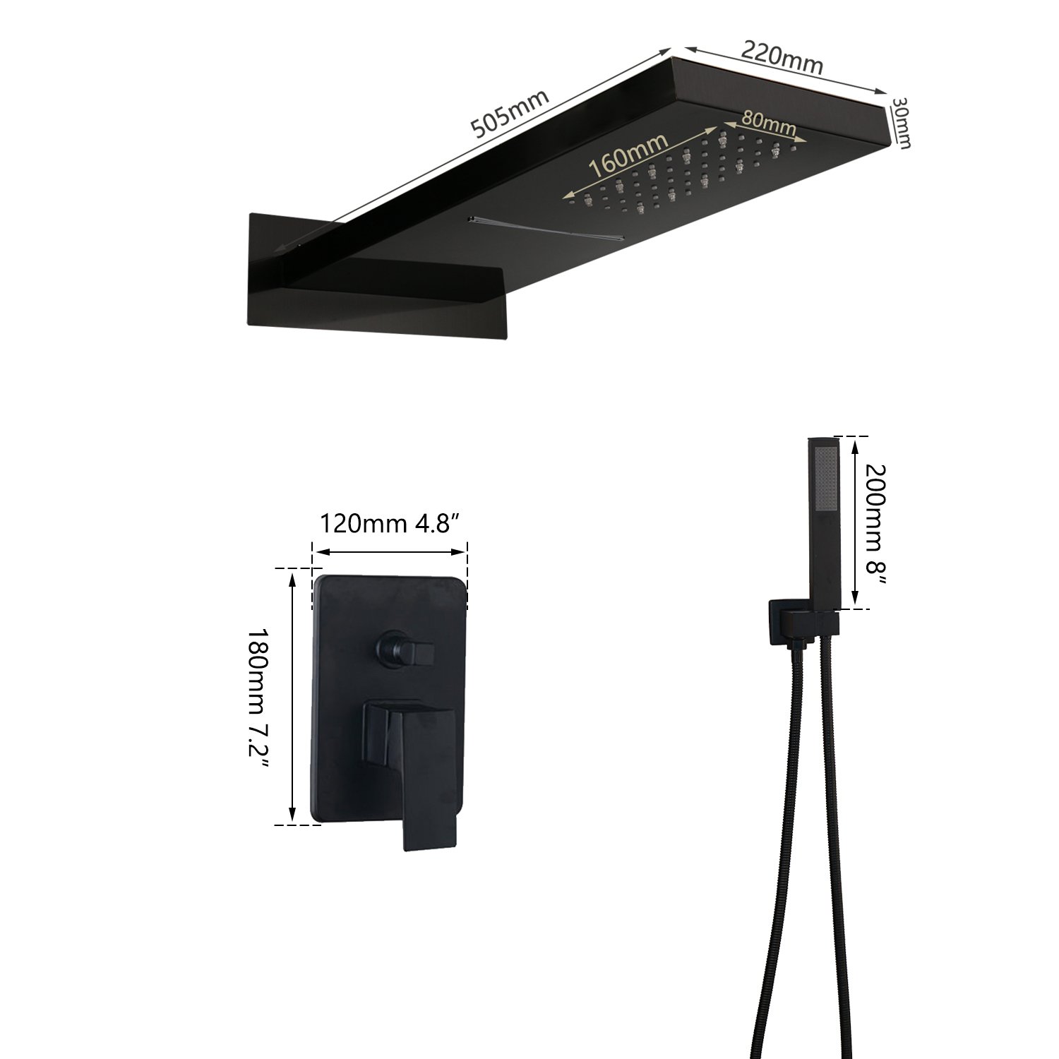 Black 22" Rectangle LED Rain Shower Head Mixer Valve Handheld Shower Spray Tap