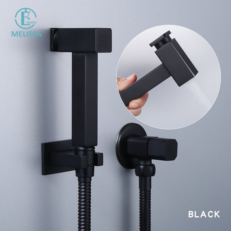 Melissa Modern Brass Bathroom black Push Button type toilet bidet spray shattaf set Handheld shower Angle Valve
