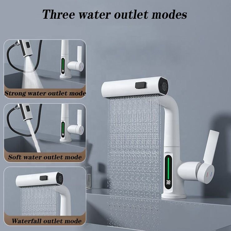 Modern 360 Degree Rotating Multifunction Faucet Mixer Digital LED Temperature Display Ceramic Valve Core Bathroom Faucet Hall
