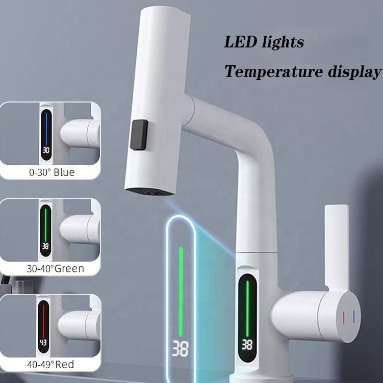 Modern 360 Degree Rotating Multifunction Faucet Mixer Digital LED Temperature Display Ceramic Valve Core Bathroom Faucet Hall
