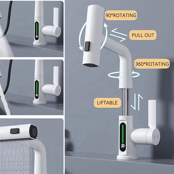 Modern 360 Degree Rotating Multifunction Faucet Mixer Digital LED Temperature Display Ceramic Valve Core Bathroom Faucet Hall